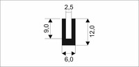 00535002 Pryžový profil tvaru "U", 12x6/2,5mm, 60°Sh, EPDM, -40°C/+100°C, černý
