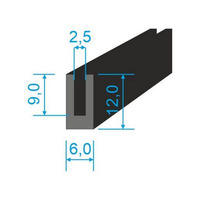 00535273 Pryžový profil tvaru "U", 12x6/2,5mm, 70°Sh, EPDM, -40°C/+100°C, černý