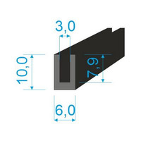 00535049 Pryžový profil tvaru "U", 10x6/3mm, 70°Sh, EPDM, -40°C/+100°C, černý